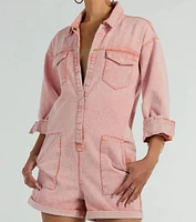 Road Trippin' Long Sleeve Cuffed Acid Denim Romper