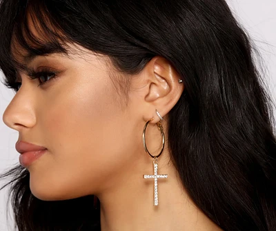 Rhinestone Cross Charm Hoops