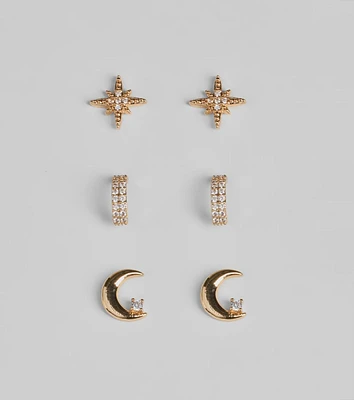 Celestial Glam Three-Pack Stud Earrings Set