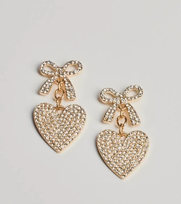 Whimsy Charm Rhinestone Bow And Heart Earrings