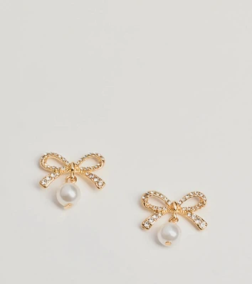 Sweet Moments Rhinestone Bow And Faux Pearl Earrings