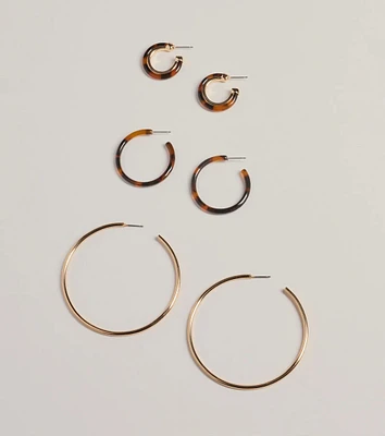 Trendy Three-Pack Tortoise Hoop Earrings Set