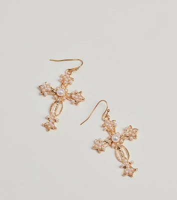 Glam Radiance Cross Charm Faux Pearl Earrings