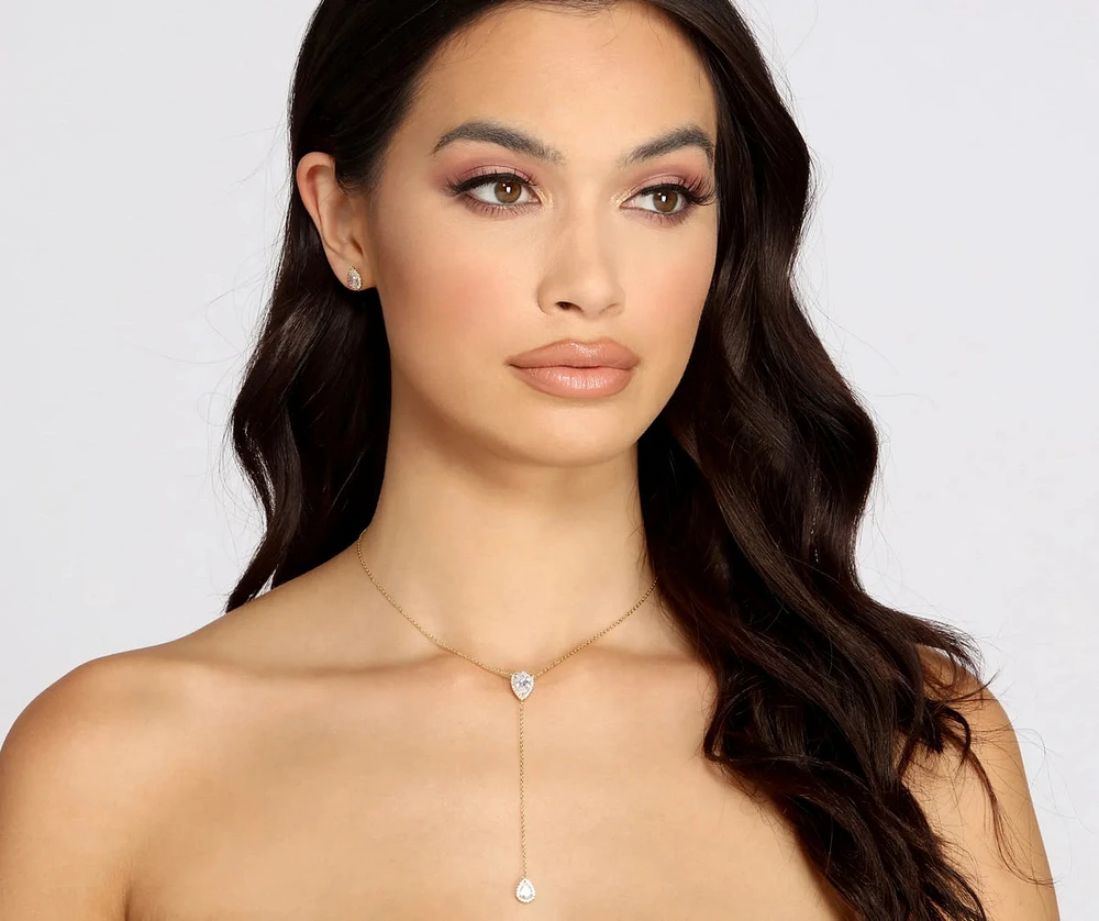 Cubic Zirconia Lariat Teardrop Necklace Set