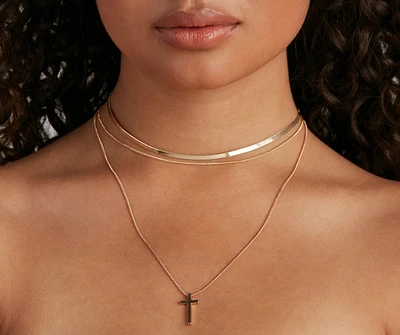 Cross Charm Layered Snake Chain Necklace