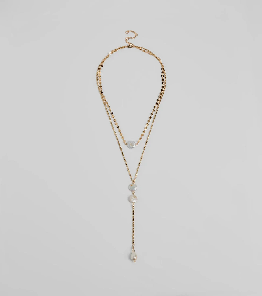 Coastal Glam Pearl Charm Lariat Necklace