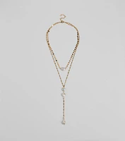 Coastal Glam Pearl Charm Lariat Necklace