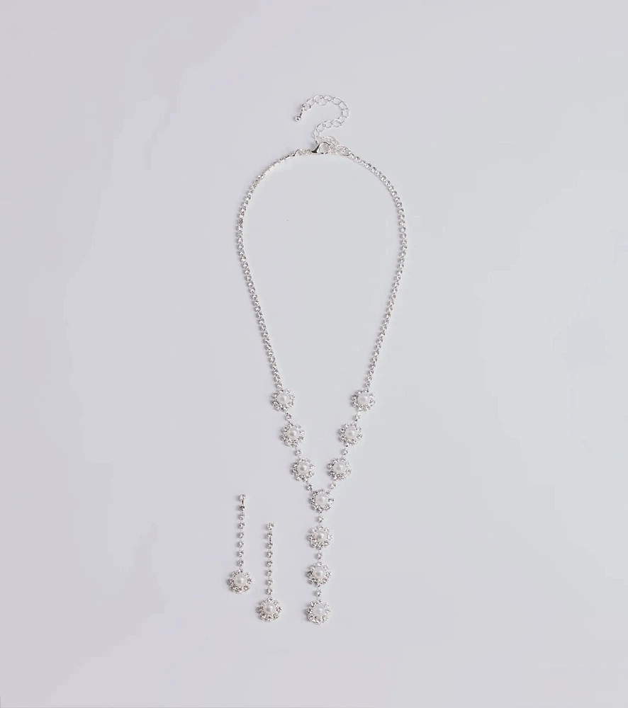 Truly Glam Rhinestone and Pearl Lariat Necklace Set