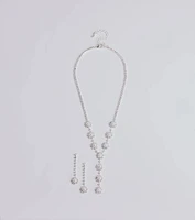 Truly Glam Rhinestone and Pearl Lariat Necklace Set