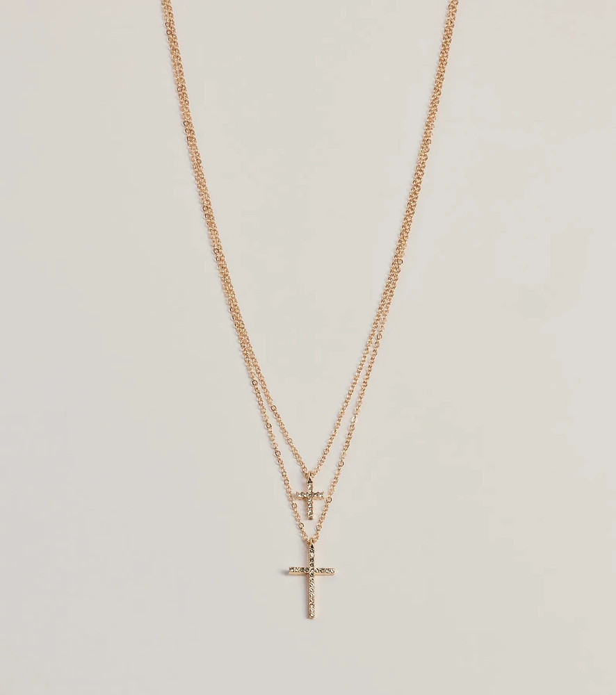 Chic Rhinestone Cross Charm Layered Necklace