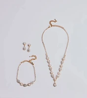 Luxe Elegance Rhinestone And Pearl Lariat Necklace Set