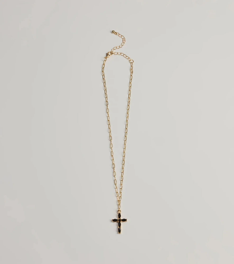 Glam Trend Gemstone Cross Chain Necklace