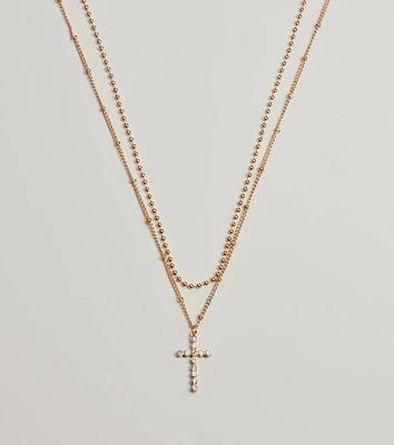 Joyful Glam Layered Rhinestone Cross Necklace