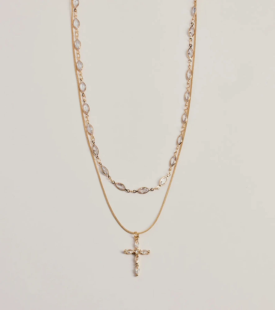 Graceful Shine Layered Cross Charm Rhinestone Necklace