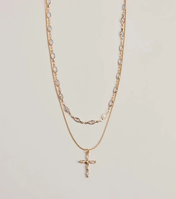 Graceful Shine Layered Cross Charm Rhinestone Necklace