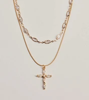 Graceful Shine Layered Cross Charm Rhinestone Necklace