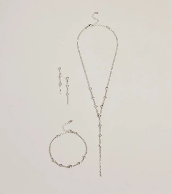 Glam Rhinestone Lariat Necklace, Bracelet, And Earrings Set