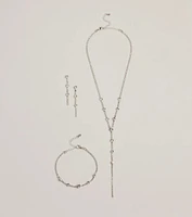 Glam Rhinestone Lariat Necklace, Bracelet, And Earrings Set