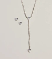 Simple Glitz Rhinestone Lariat Necklace And Stud Earrings Set