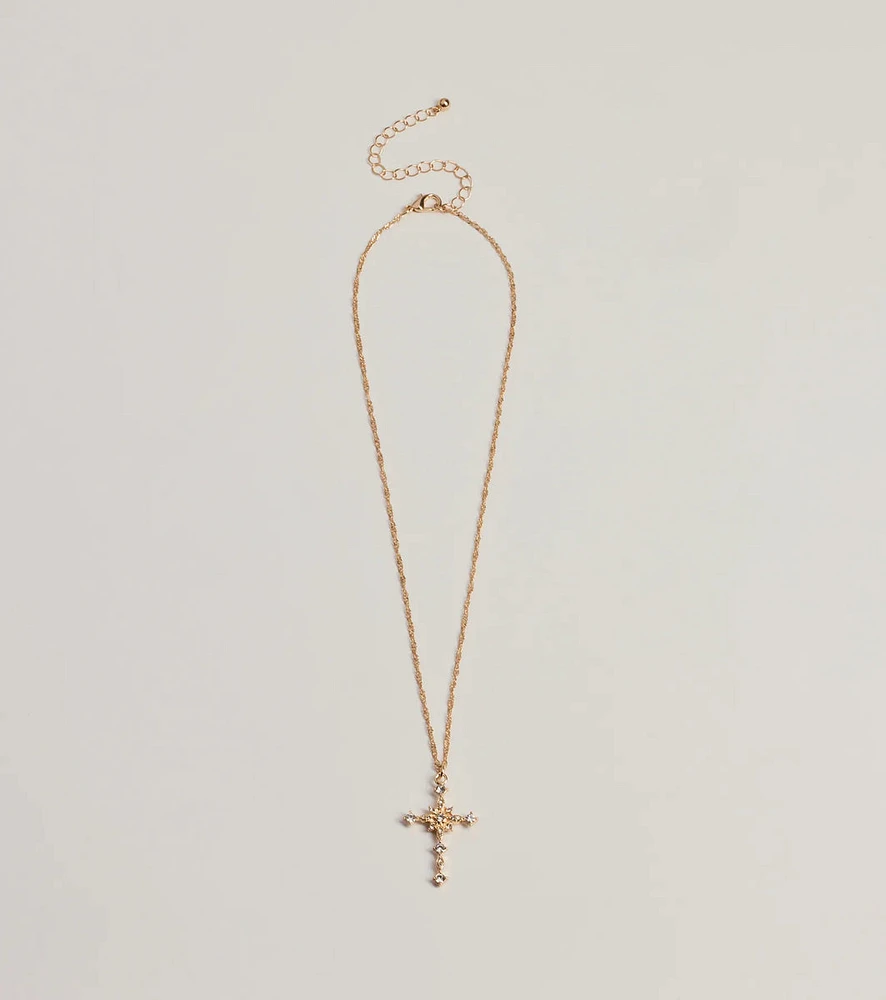 Dainty Glam Rhinestone Cross Pendant Necklace