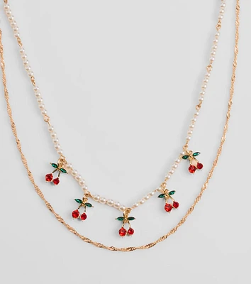 Taste So Sweet Cherry And Faux Pearl Layered Necklace