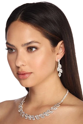 Rhinestone Leaf Necklace & Earrings