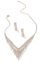 Rhinestone V Fringe Necklace & Earrings