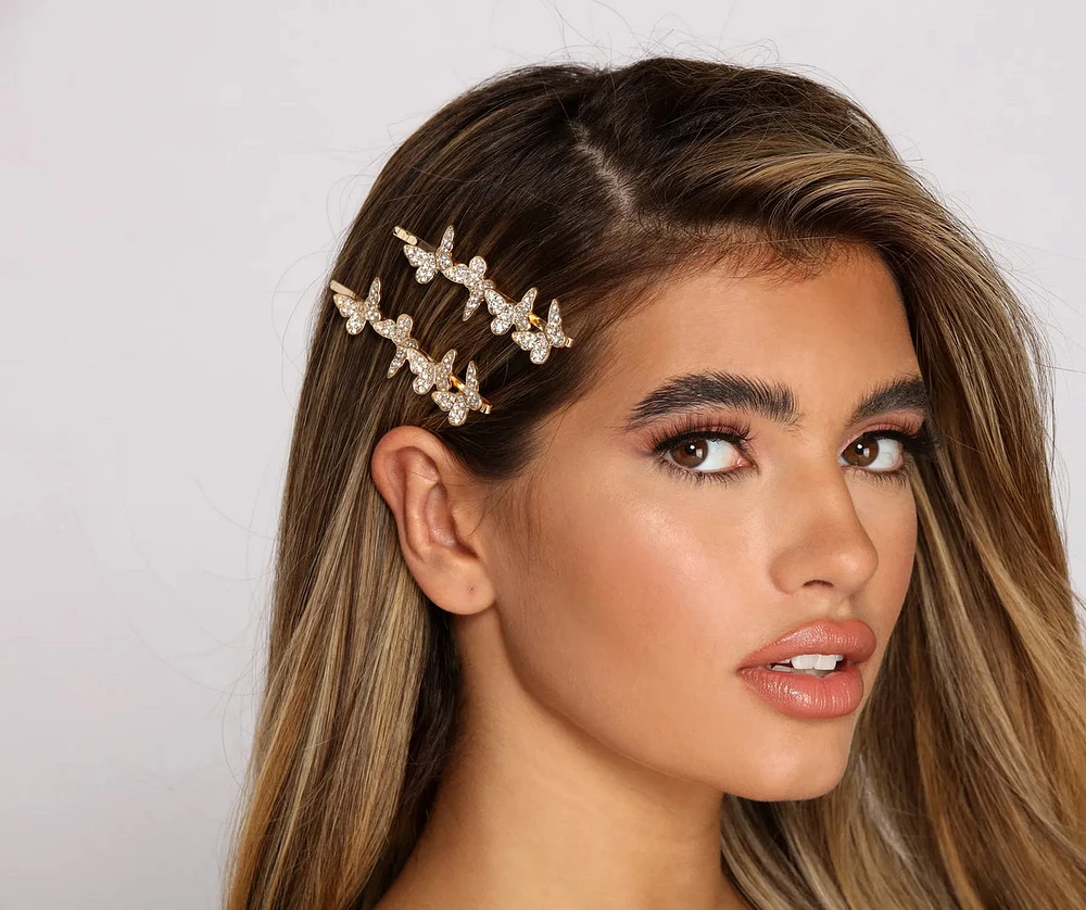 Rhinestone Embellished Butterfly Bobby Pins