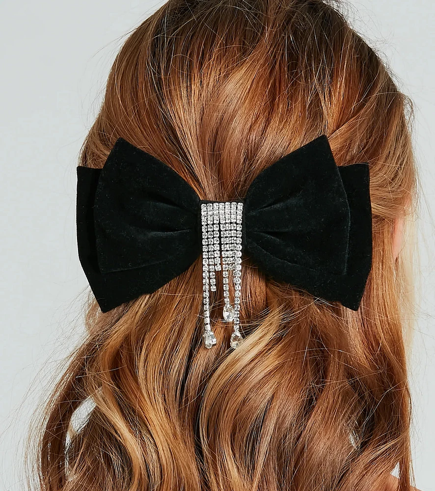 Luxe Velvet Bow Hair Clip With Rhinestone Fringe