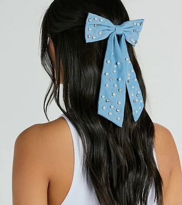 Finishing Look Faux Pearl Denim Hair Bow Barrette