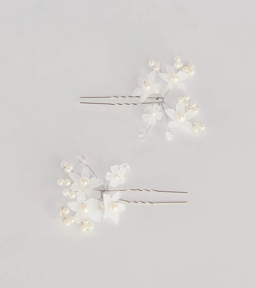 Luxe Pearl Faux Crystal Beaded Flower Hair Pin Set