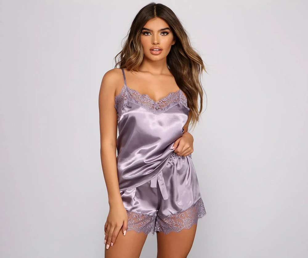 Luxe Satin Lace Trim Pajama Tank And Short Set