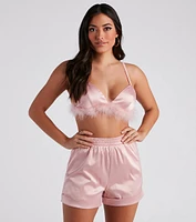 Flirtatious Satin Feather Trim Pajama Set