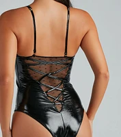 Attention Please Patent Faux Leather Bodysuit