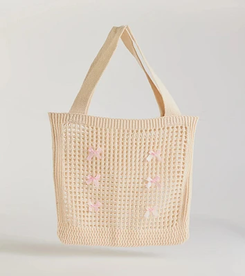 Cute Vibes Satin Bow Crochet Tote Bag