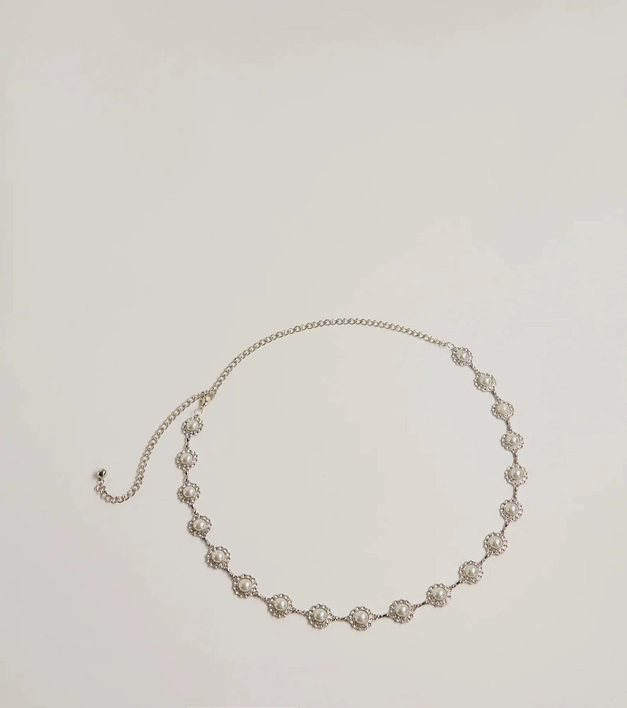 Elevated Chic Rhinestone And Faux Pearl Chain Belt