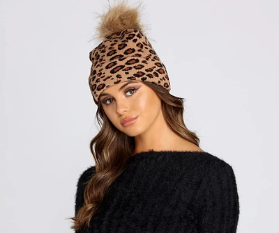 Pom Pom Leopard Print Beanie