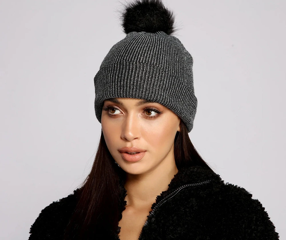 Glam Cozy Faux Fur Pom Beanie