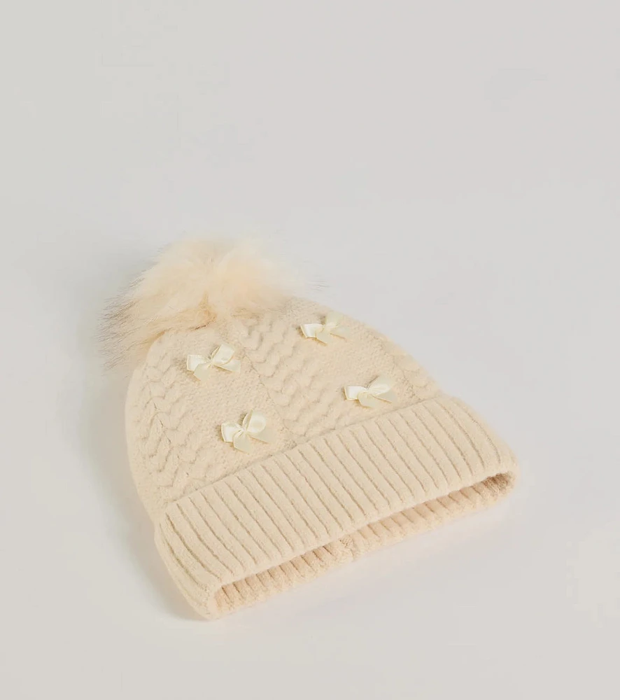 Stay Toasty Bow And Pom Knit Beanie