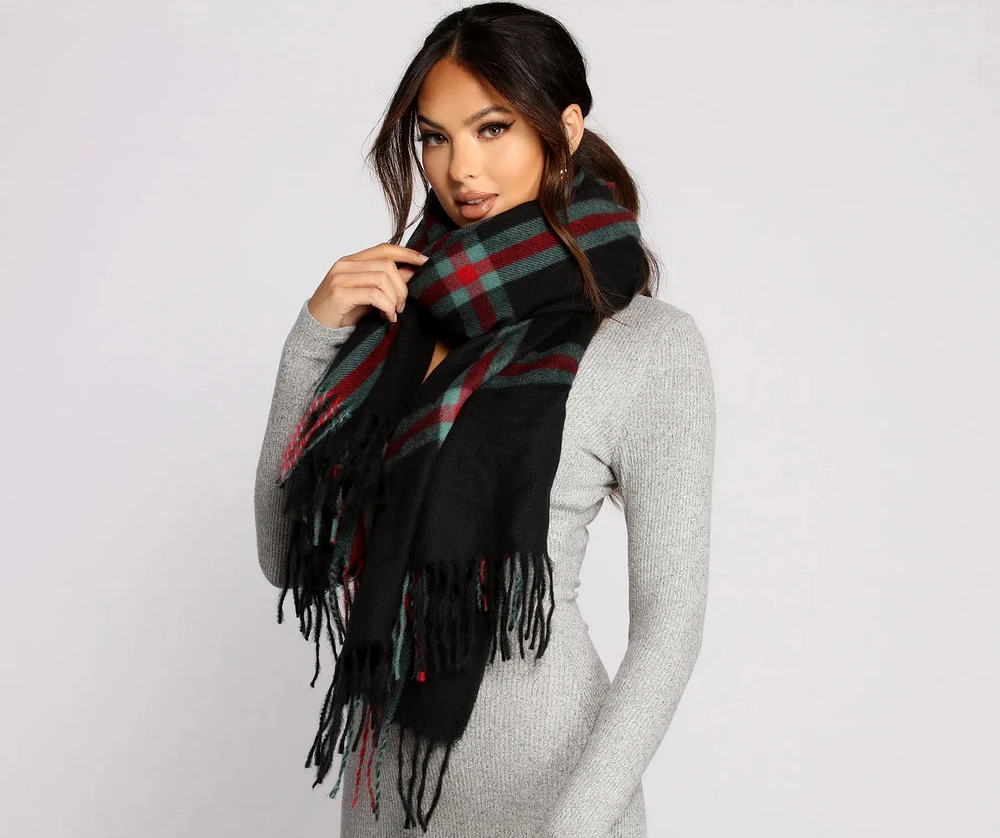 Plaid Fringe Blanket Scarf