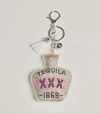 Glitzy Rhinestone Tequila Bottle Charm Keychain