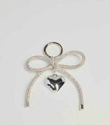 Glam Shine Rhinestone Bow And Heart Bag Charm