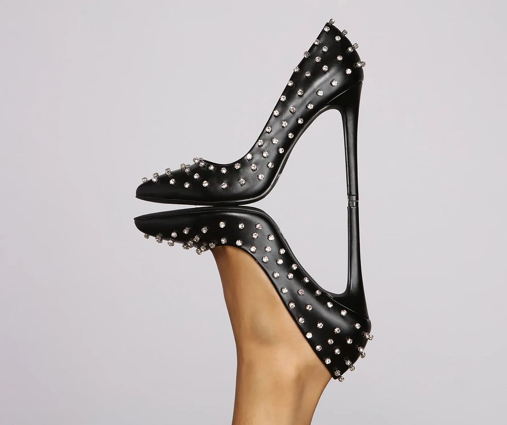 So Glam Faux Leather Rhinestone Pumps