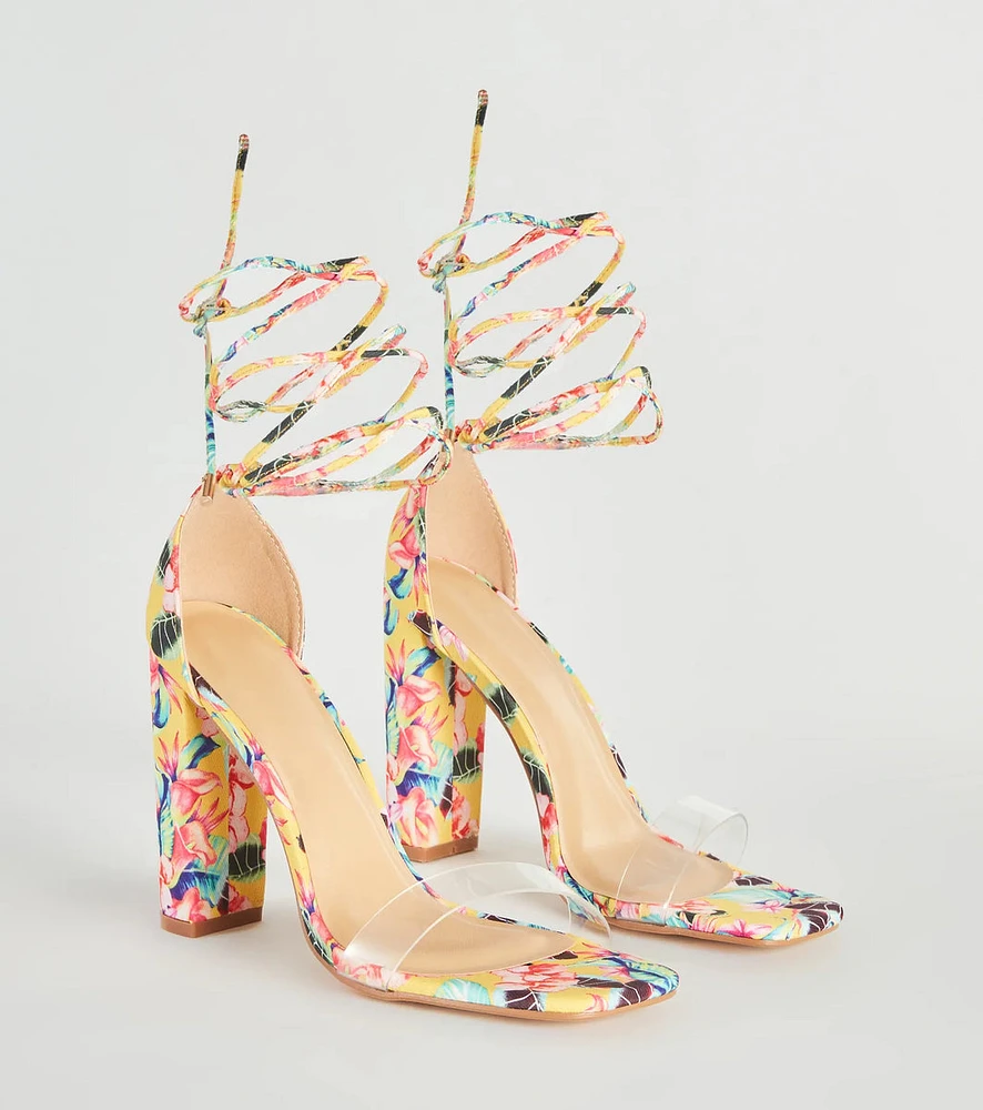 Bold Strut Floral Lace-Up Block Heels