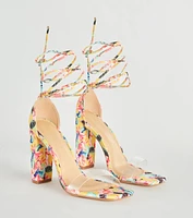 Bold Strut Floral Lace-Up Block Heels