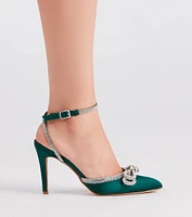 Chic Perfection Rhinestone Bow Satin Pumps