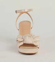 Elegance Served Satin Pleated Bow Block Heels