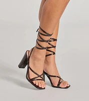 So Sleek Faux Croc Embossed Lace-Up Block Heels