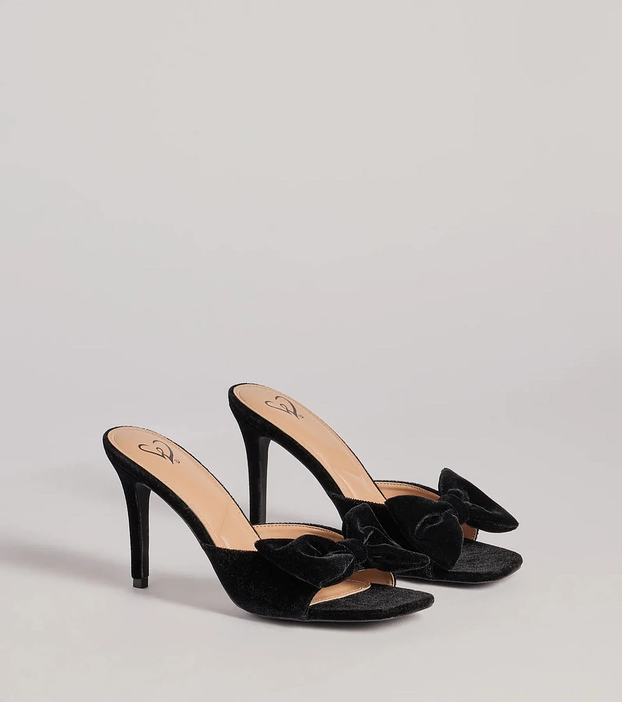 Adorably Luxe Velvet Bow Strap Stiletto Mules