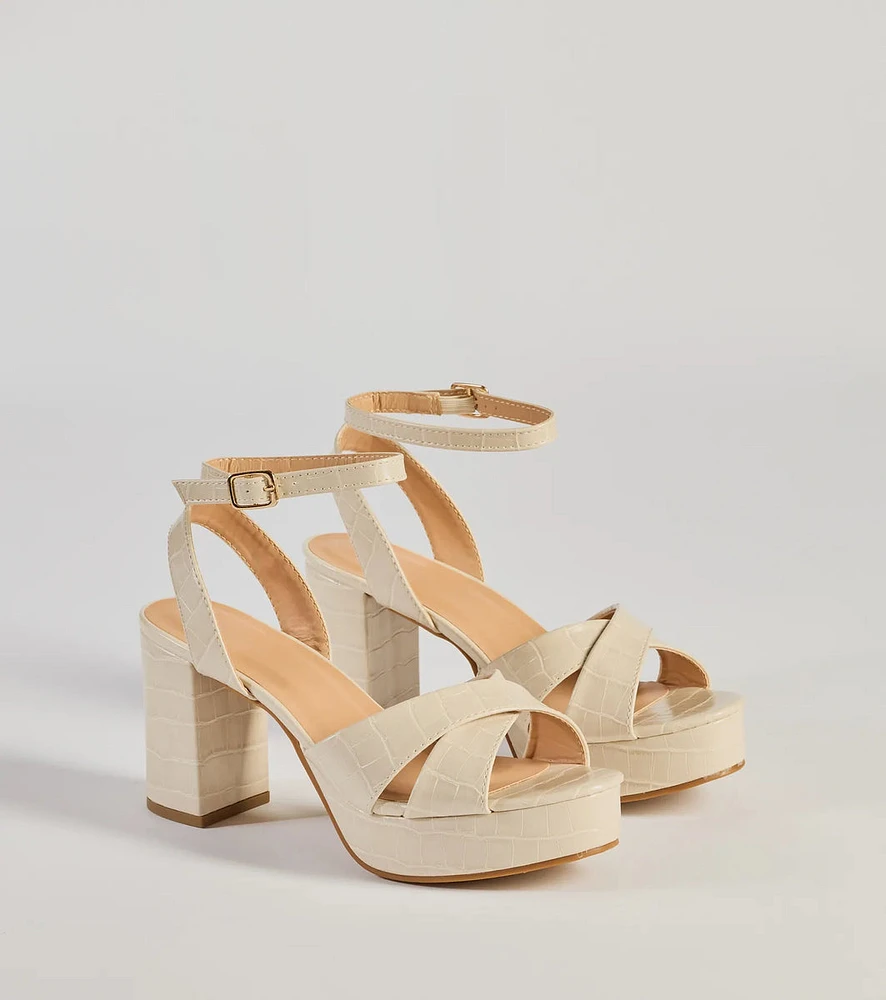 Trendy Moment Faux Croc-Embossed Criss-Cross Platform Heels